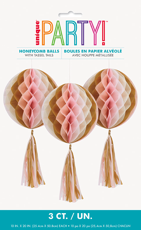 Honeycomb Balls W/Tissue Tassels Pink Marble C/3