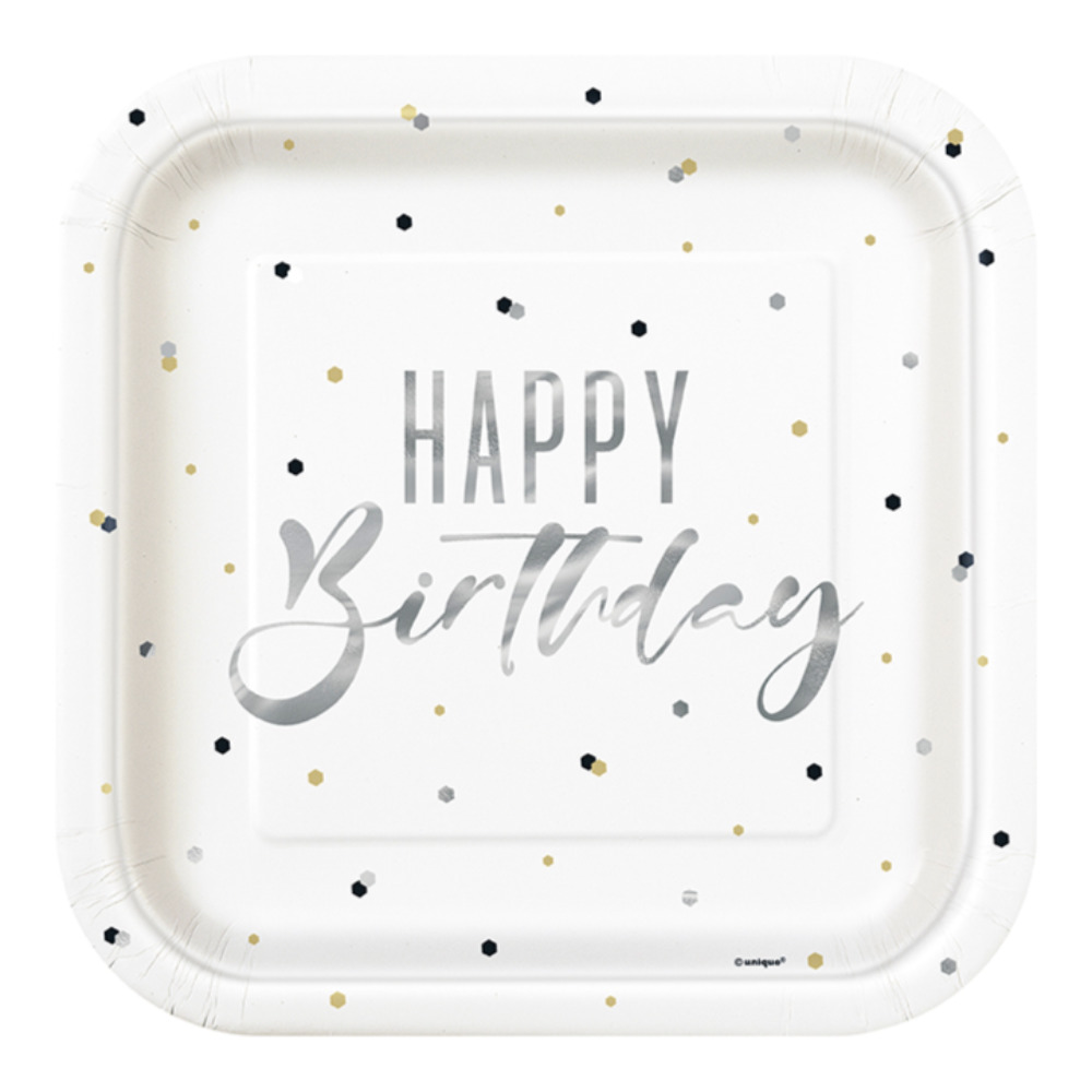 Plato 9 Sq Silver Happy Birthday