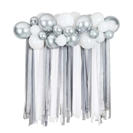 [P07.HBMM357] Silver Metallic Balloon & Streamer Backdrop Set