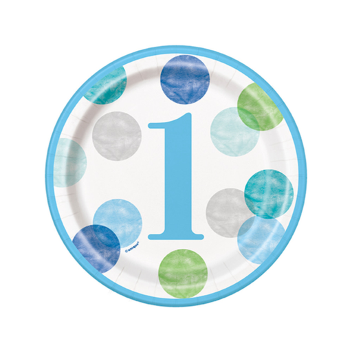 [P06.73304] Plato 7 Blue Dots 1st Bday 8pz