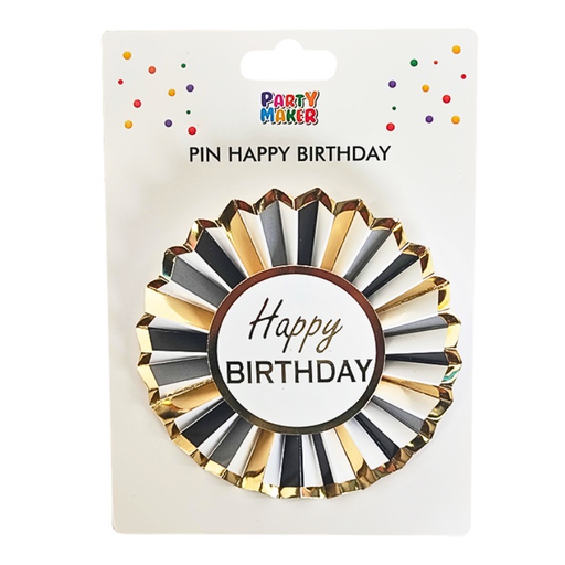 [P08. 632272] Boton Happy Birthday Negro-Dorado